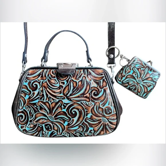 Patricia Nash Turquoise Framed Gracchi Tooled Burnt Leather Crossbody Set - Picture 2 of 16